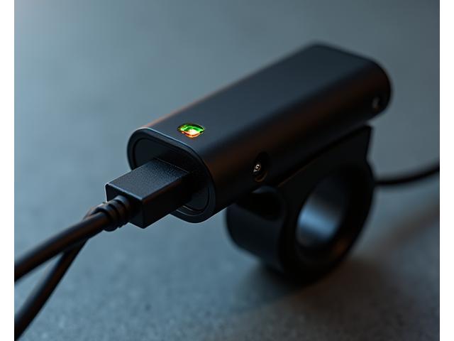 Close-up of a rechargeable bike light plugged into a USB-C cable for charging.