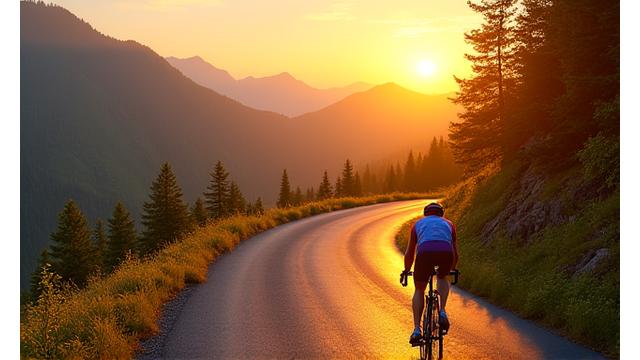 Cyclist on a scenic mountain road during sunrise
