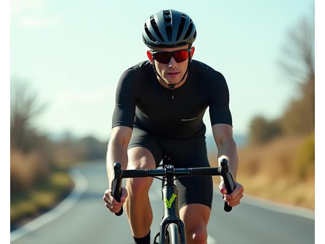 Cyclist in aero position on road bike, focused expression
