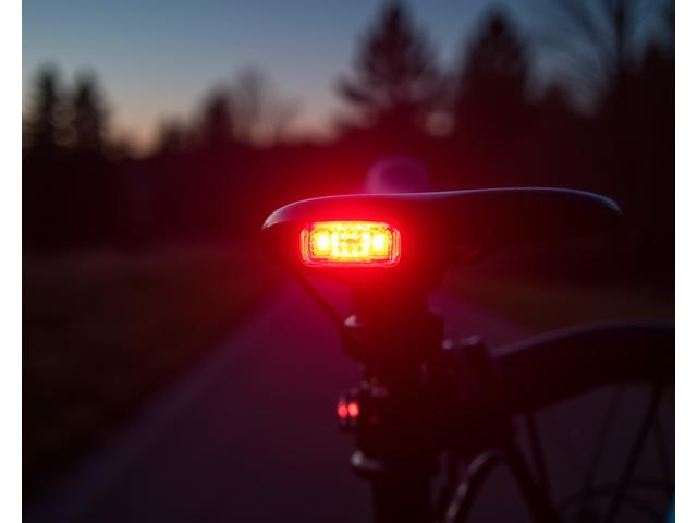 Bright red LED taillight mounted on a bicycle seatpost, highly visible in dim light.