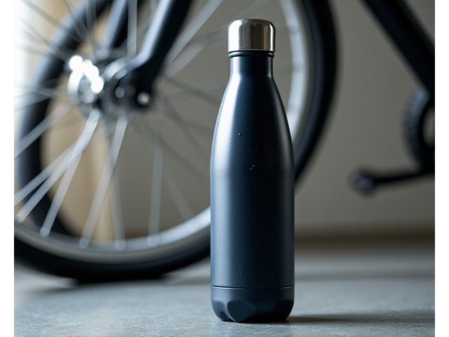 Vacuum-insulated stainless steel water bottle in a sleek black finish, resting against a bike wheel.