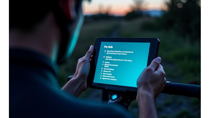 Cyclist checking bike lights before a night ride with a checklist overlay